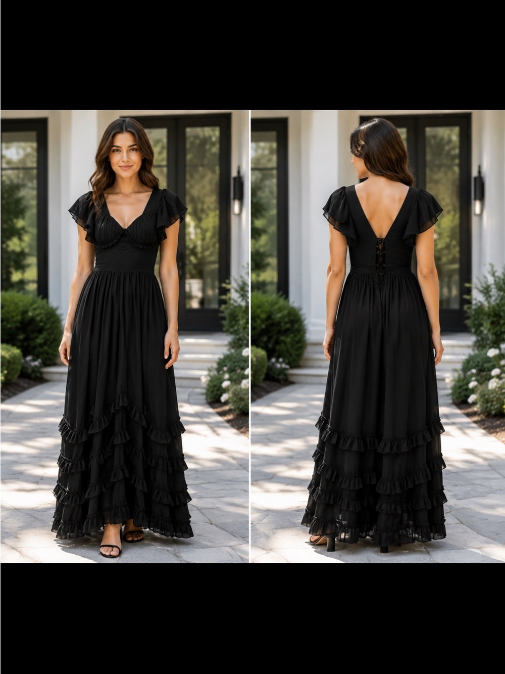 Black Ruffle-Tier Maxi Dress with Flutter Sleeves